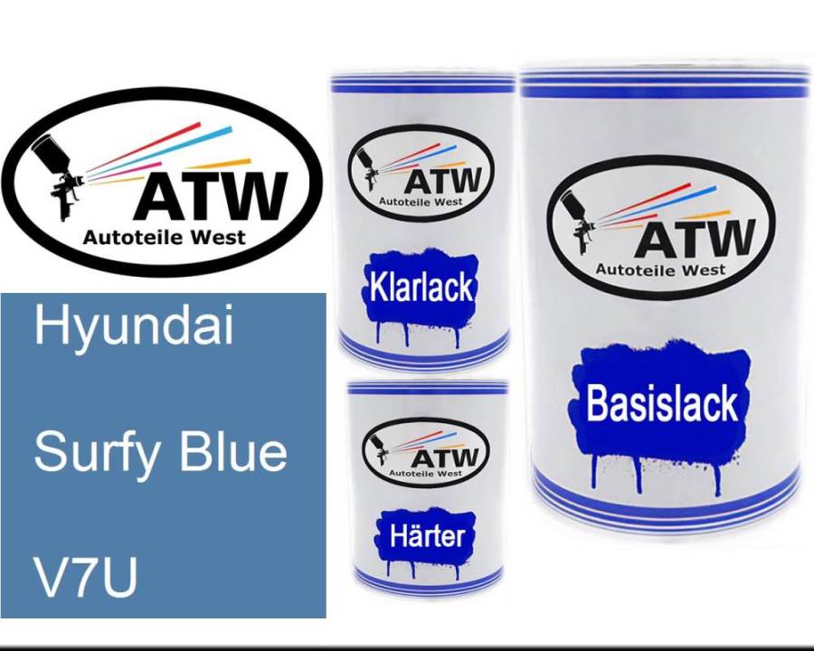 Hyundai, Surfy Blue, V7U: 500ml Lackdose + 500ml Klarlack + 250ml Härter - Set, von ATW Autoteile West.